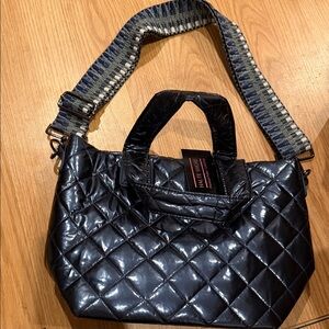 HAUTE SHORE Navy Quilted Tote with Striped Strap